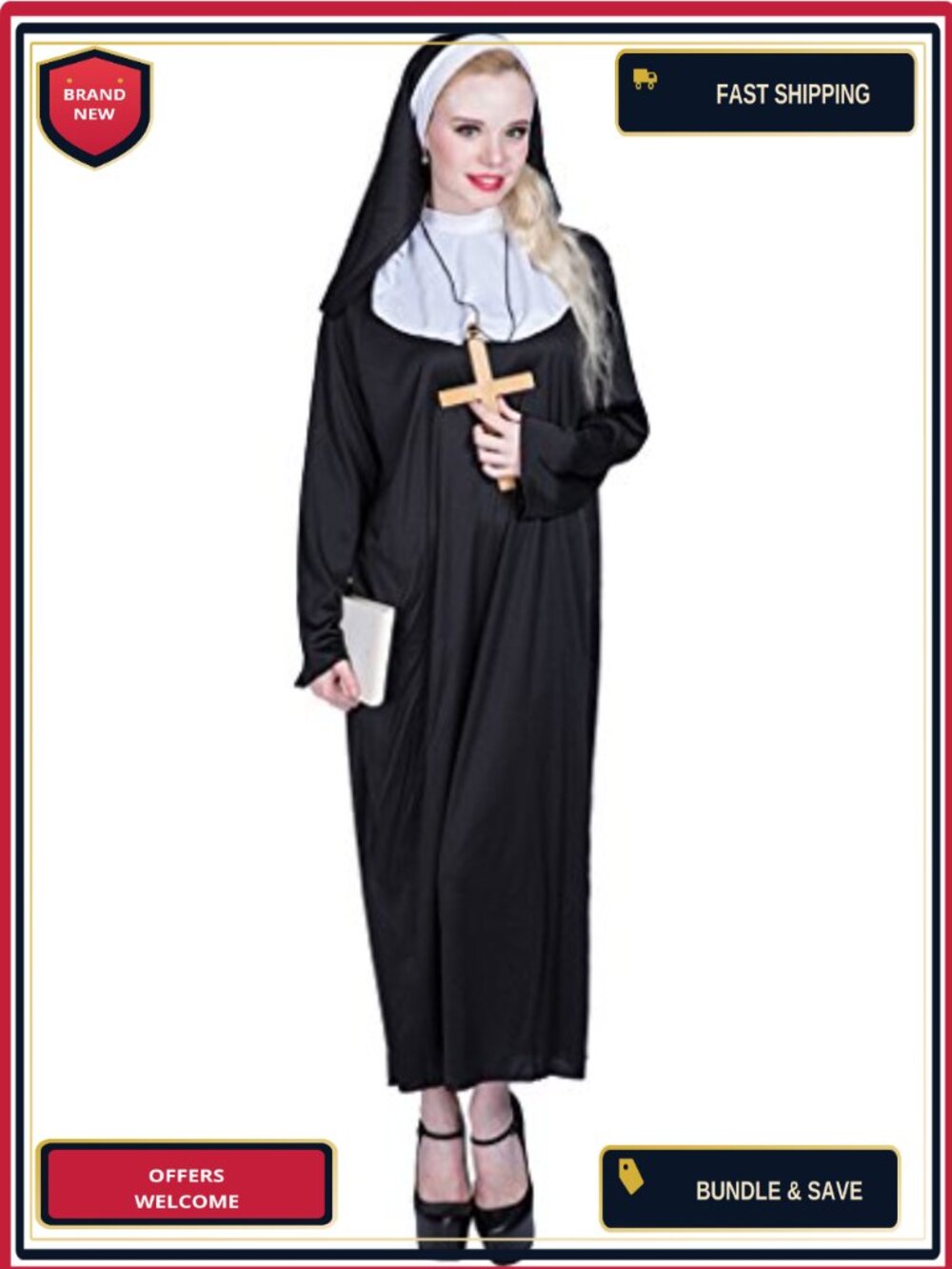 Nun Costume Dress Robe Veil Collar Headpiece Adult Halloween Religious